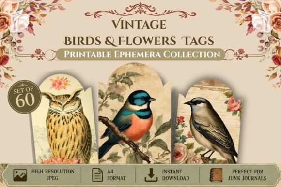 Download Vintage Birds &amp; Flowers Printable Tags - Printable tags Collection